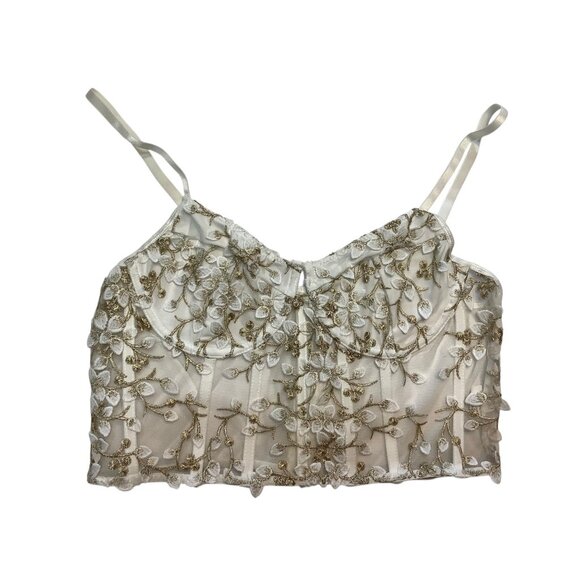 Embroidered White Gold Floral Sheer Corset Bustier Camisole Women Large - Picture 1 of 5